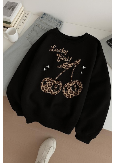 Benroma 3 İplik Penye Lucky Girl Baskılı Unisex Sweatshırt SIYAH