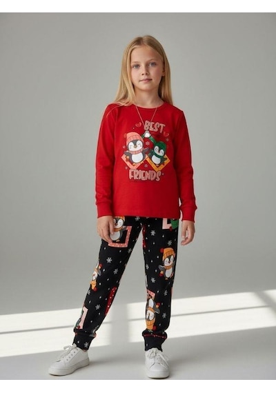 Kız Çocuk Pamuklu Best Friends Penguen Baskılı Pijama Takımı-16822 Kırmızı