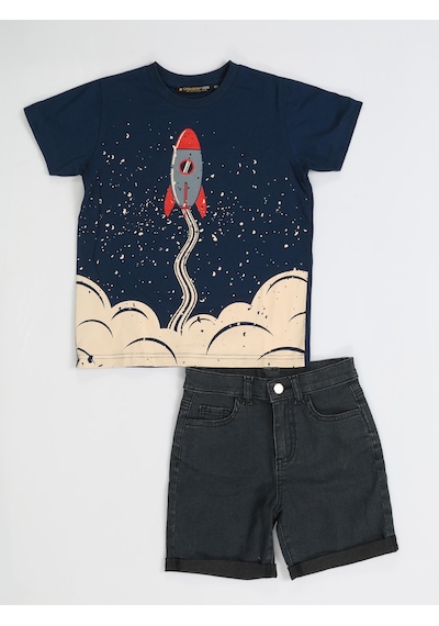 Casabony Rocket Denim Şort - T-shirt Takım - Gri - Siyah