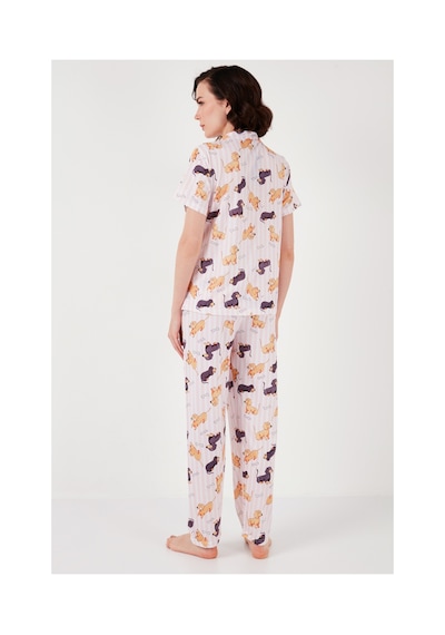 Lela Desenli Kısa Kollu Beli Lastikli Gömlek Yaka Dokuma Regular Fit Bayan Pijama Takımı 6571010 Pembe