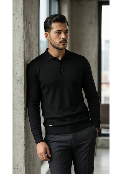 Suma Erkek Düğme Yakalı Triko - Siyah, 2xl Beden