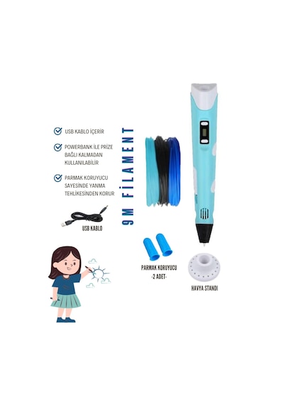 Mavi  3D Kalem 3D Pen Yazıcı Kalem – 3 Adet 3 Metrelik PLA Filament (Toplam 9M) + USB Kablo