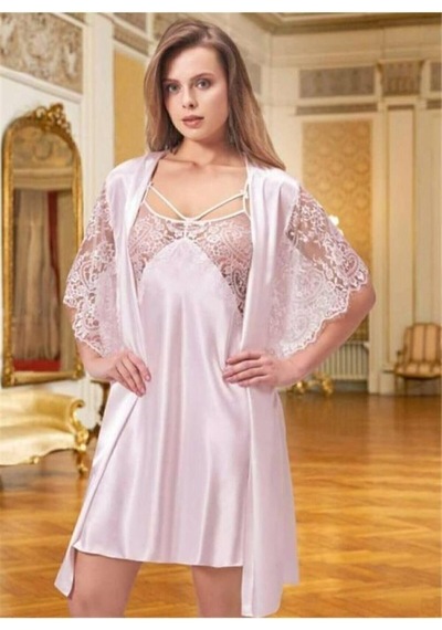 Kadın Siyah Saten Dantelli Gecelik Sabahlık Takımı, Pudra, M Açık Bej - Beyaz