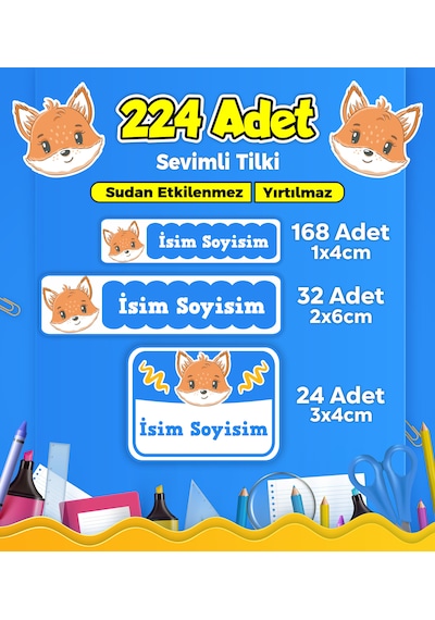 Sevimli Tilki Temalı Okul Kreş Kişiye Özel İsim Etiket Seti - Model 115 Çok Renkli