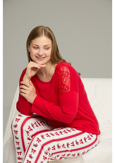 Siyah İnci Curve Büyük Beden Battal Boy Pamuklu Pijama Takım25240800 Kırmızı