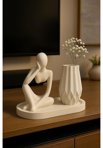 Modern Heykel Ve Vazo Seti 3 Parça Minimalist Dekor Oturan Insan Figürü & Geometrik Vaz Standart