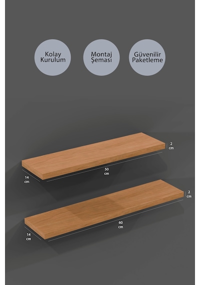 Yankı-BYEG 2li 50 cm 60 cm Safir Meşe Mdf Duvar Rafı Kitaplık