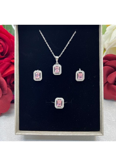 Pembe Baget Kadın 3'lü Takı Seti 925 Ayar Gümüş Zirkon Taşlı Gümüş