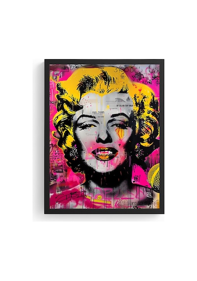 Doğal Ahşap Çerçeveli Sarı-pembe Grafik Desenli Tablo - Pop Art Huhu1923