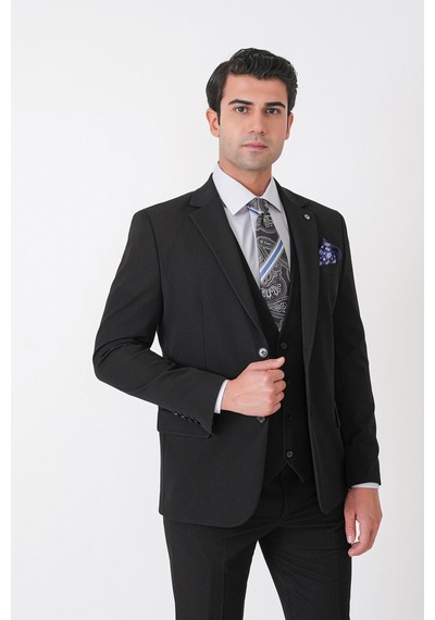 Efor Slim Fit Çift Yırtmaç Esnek Yünlü Siyah Yelekli Takım Elbise Tk 958