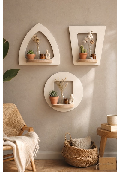 Ahşap Dekoratif Duvar Rafı 2 Li / 3 Lü Set Mtsv - 641 Beyaz