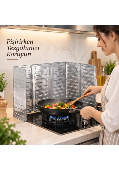 5 Panelli Katlanabilir Ocak Yağ Sıçrama Koruyucu 84 X 32,5 Cm, Mutfak Tezgah Koruyucu, Ocak Çevresi Koruma Paneli, Yağ Sıçrama Siperi, Ocak Sıçrama Koruyucu Altın - Siyah