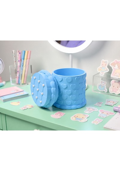 3d Baskı Kabartma Kalp Desenli Kapaklı Kalemlik - Masaüstü Organizer - Mavi Çok Renkli