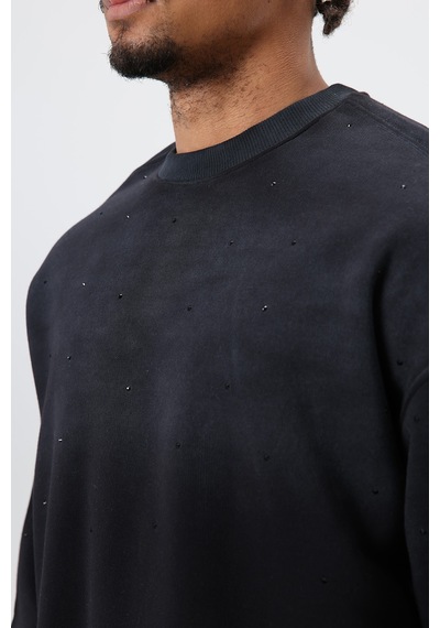Vamos Yıkamalı Taş Detaylı Oversize Sweatshirt Siyah