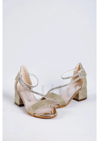 Nese Shoes Kız Çocuk Taşlı Bilekten Cırtlı Abiye Ayakkabı, Kız Çocuk Topuklu Ayakkabı Altın