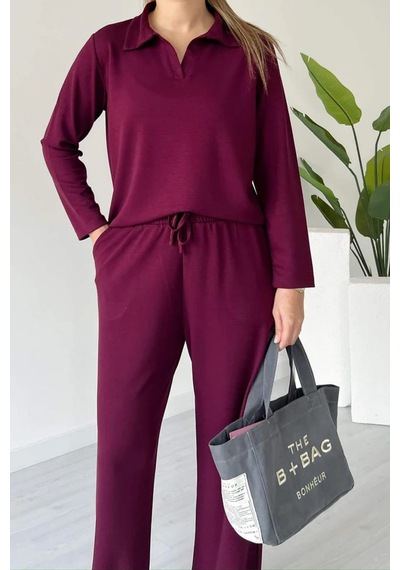 Balenbi Kadın Modal Kumaş Polo Yaka Uzun Kollu Takım 1126 Bordo
