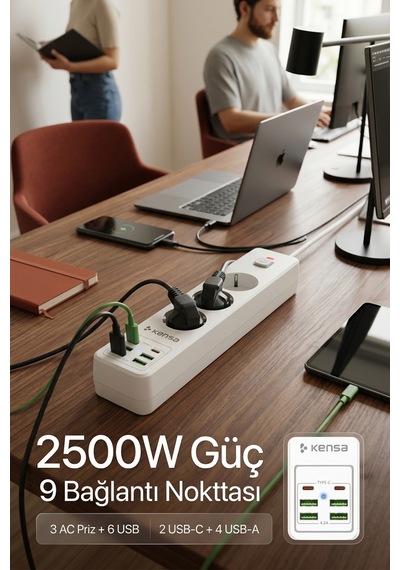 Akım Korumalı Priz 3'lü 4x Usb-a + 2x Usb-c 2 Metre Kablo 0 - 2 M