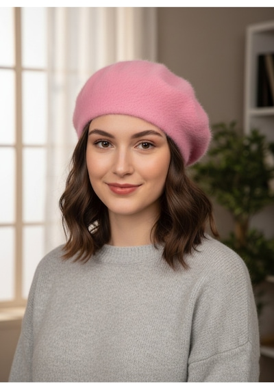 Derikem Fransız Tüylü Peluş Ressam Bere Kadın Şapka Pembe