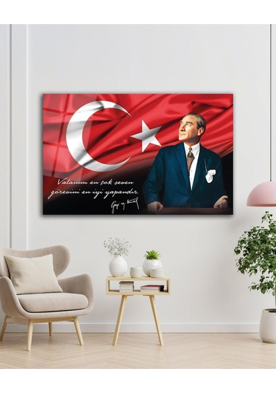 Atatürk Portre Cam Tablo Vatanını En Çok Seven Görevini En İyi Yapandır Kurum Hediyelik Büyük Tablo