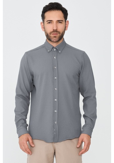White Stone Gri Mikro Desenli Dynamic Fit Uzun Kollu Gömlek