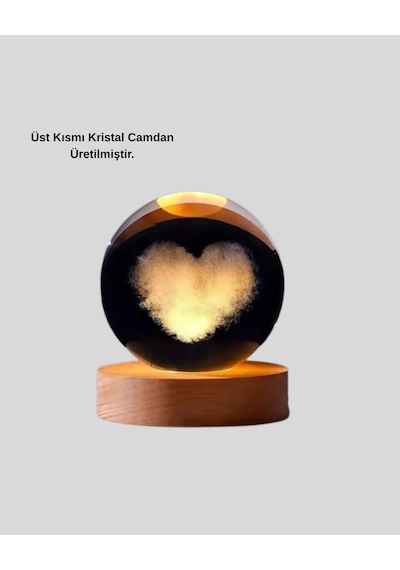 Northcity Ahşap Standlı Kalp Motifli Işıklı Cam Küre Hediye Seçeneği - Romantik Gece Lambası