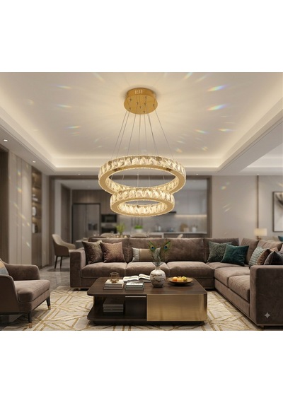 Ala Lighting Plaket Kristal Taş İşlemeli Gold Paslanmaz 2 Halka Led Avize Kumandalı Modern Sarkıt Avize Altın - Gold