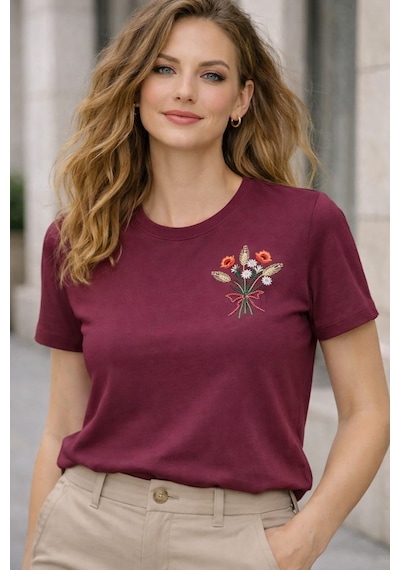 Yubistitch Tshirt Nakış İşlemeli Demet Çiçek- Penye-bordo