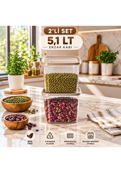 0975 2'li Kare Erzak Saklama Kabı Seti 5,1 Lt Cafe Latte - Şeffaf Bakliyat, Deterjan & Mutfak Düzenleyici Kutu Diğer