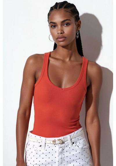 Hiccup Busem V Yaka Ribanalı Tank Top Parlak Turuncu