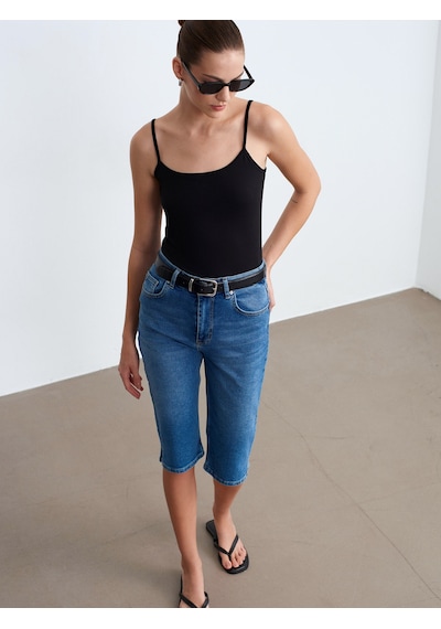 Dilvin 72311 Yırtmaçlı Denim Kapri-mavi