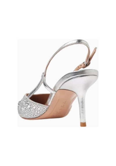 Nicoli Varese 70 Metalik Deri Slingback Topuklu Ayakkabı, Kristal Işlemeli Gümüş