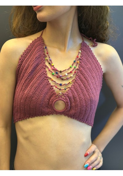 Gönülden Tasarım El Örgüsü Boncuk Kolyeli Kadın Büstiyer Crop Pembe