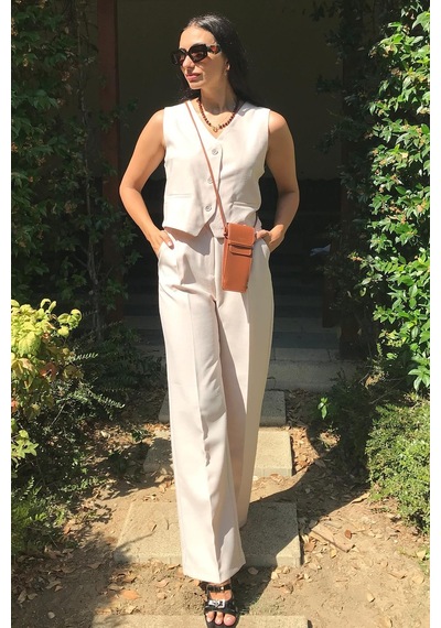4 Sisters Fashion Bej Yelek Pantolon Takım - Bej