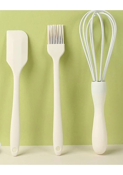 Qerhome 3'lü Silikon Pasta Tatlı Yapma Seti Çırpıcı- Fırça-spatula Beyaz