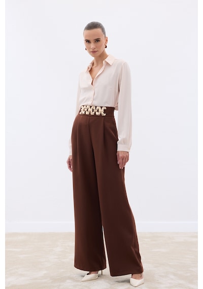 Sateen Kemerli Salaş Pantolon - Kahve-136531 Kahve