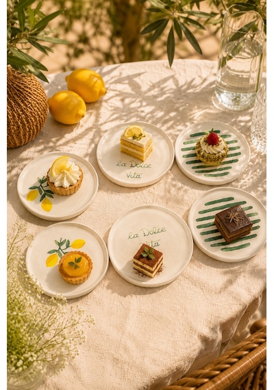 Amalfi 6 Adet 16 Cm Seramik Tatlı Tabağı Seti Akdeniz Esintili Limon Desenli Pasta Ve Sunum Tabağı Beyaz