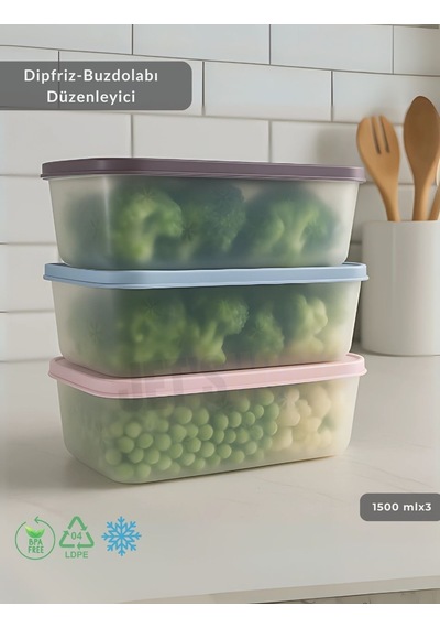 3'lü Dipfriz Saklama Kabı - No Frost Silikon Kapaklı Derin Dondurucu Düzenleyici - Bpa Free - 1500 Ml Şeffaf
