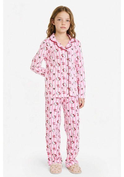 Defacto Hello Kitty Yılbaşı Temalı Pijama Takımı Uzun Kollu Üst Uzun Alt Kız Çocuk G6458A825WN