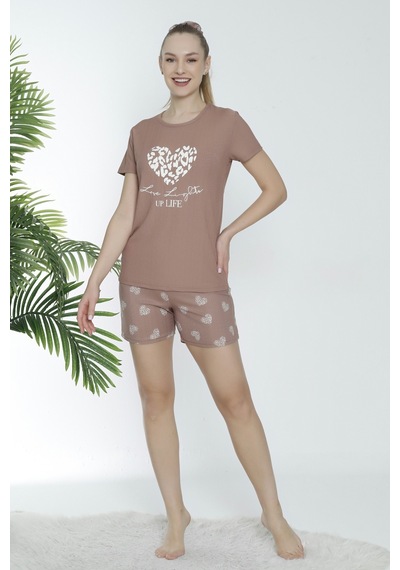 Wordex Mr 1601 Pegasus Likralı Kumaş Kalpli Şortlu Takım Pijama Takımı Vizon