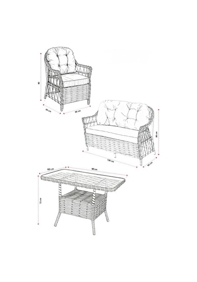 Dora Garden Home Inci 2+1+1 Rattan Bahçe Takımı Masalı Açık Gri Siyahçizgili