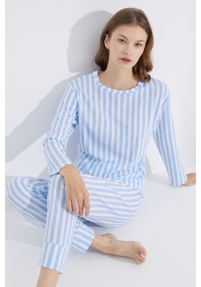 Siyah İnci Jogger Örme Pijama Takım 7703 Mavi Beyaz
