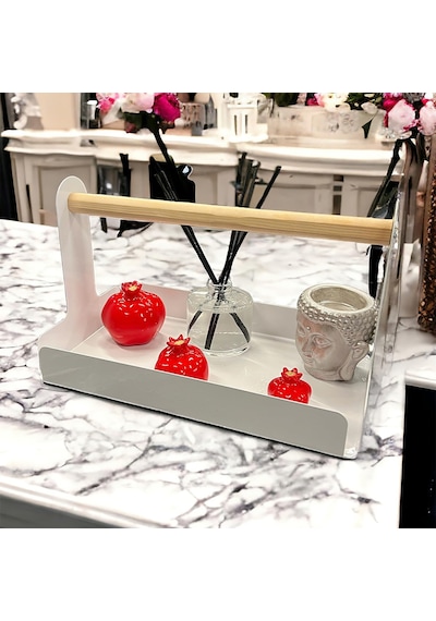 Ahşap Saplı Beyaz 30x17cm Metal Servis, Sunum, Dekoratif Tepsi Çok Renkli