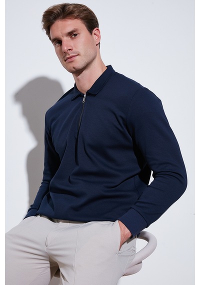 Buratti Pamuklu Regular Fit Yarım Fermuarlı Polo Yaka Erkek Sweat 5905789 Indigo