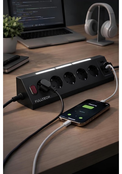 Akım Korumalı 5'li Akıllı Priz 2m Kablo Usb-a Usb-c Gece Işıklı Çoklu Priz 16a 3680w 0