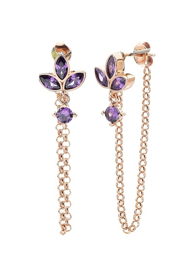 925 Ayar Gümüş Tasarım Zincirli Rose Mor Lotus Küpe - 12111100 Rose Gold