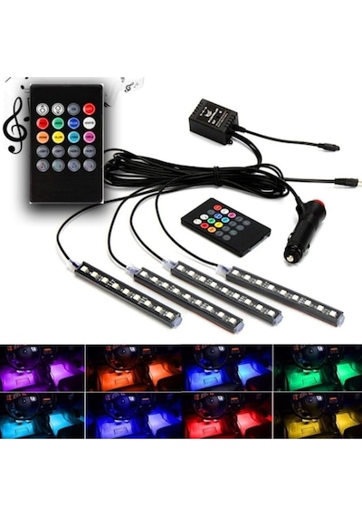 Redno Araç Içi Ayak Altı Led Aydınlatma Rgb 9Led Kumandalı Oto Şerit 12 Volt