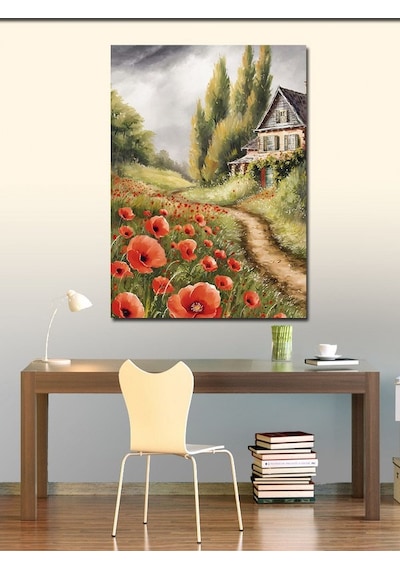 Kanvas Tablo Kır Evi Ve Gelincik Çiçekleri 100cmx140cm
