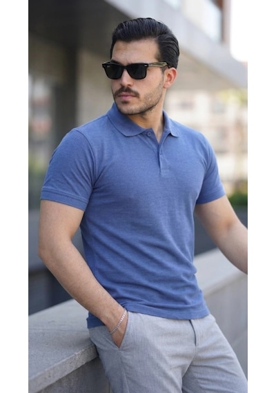 Defymoda Erkek Kısa Kollu Yakalı Tişört B. İndigo