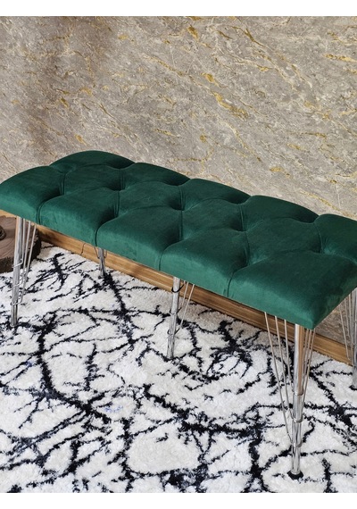 Zafir Metal Krom Tel Ayaklı 100 Cm Puf Bench - Puf - Bench - Oturak - Mutfak Oturağı - Antre Oturağı Yeşil