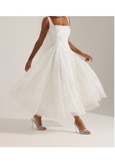 Uzer Abiye Işıltılı Sim Baskılı Jacquard Dokulu Kare Yaka Couture Premium Abiye Elbise,düğün Albisesi Beyaz